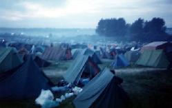 Campsite shrouded in mist